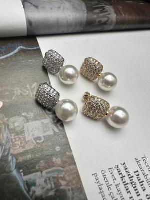 Altın Kaplama Kare Taşlı İnci Küpe