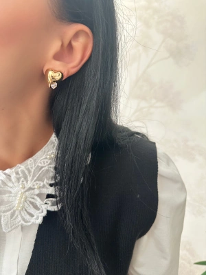 Altın Kaplama Tasarım Taşlı Kalp Küpe