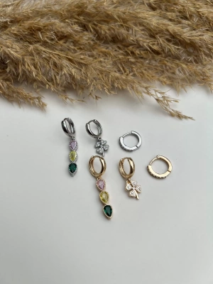 Altın Kaplama Yonca Ve Damla Model Üçlü Set Küpe