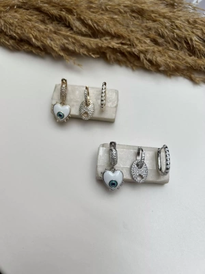 Beyaz Kalp Detay Altın Kaplama Üçlü Set Küpe