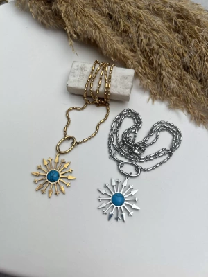 Çelik Firüze Taşlı Plaka Kolye