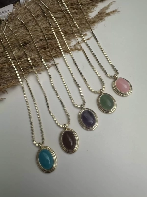 Çelik Pul Zincir Opak Taş Kolye