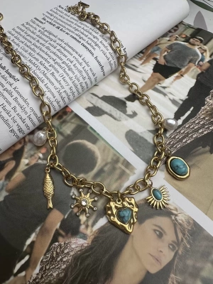 Charmlı Çelik Firuze Taşlı Kolye