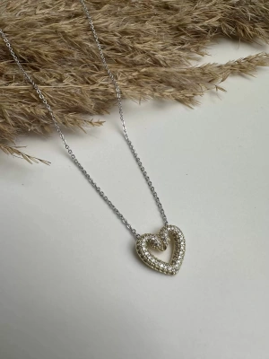 Çift Renk Minimal Taşlı Kalp Kolye