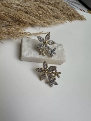 Çift Renk Özel Seri Taşlı Altın Kaplama Çiçek Küpe