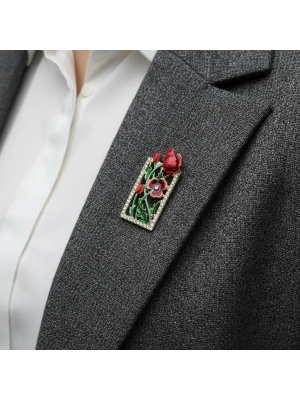 Kırmızı Çerçeve Model Çiçek Broş