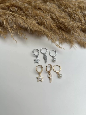 Melek Kanadı Yıldız Ve İnci Detaylı Üçlü Set Küpe