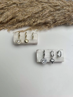 Özel Seri Dışı Taş Kaplama Kalp Üçlü Set Küpe