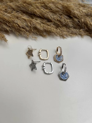 Özel Seri Mavi Plaka İçi Yıldız Üçlü Set Küpe