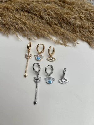 Özel Seri Ok Ve Göz Model Üçlü Set Küpe