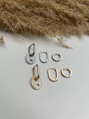 Özel Seri Taş Detaylı Düğme Model Üçlü Set Küpe