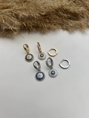 Özel Seri Taşlı Nazar Boncuk Detay Üçlü Set Küpe