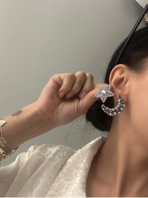 Taşlı Ay Yıldız Tasarım Küpe