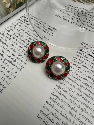 Vintage İncili Kırmızı Yeşil Küpe