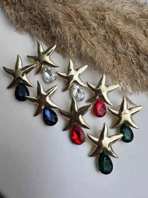 Yıldız Figürlü Damla Taş Tasarım Küpe