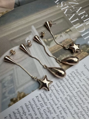 Zincir Sallantılı Damla Yıldız Model Tasarım Küpe