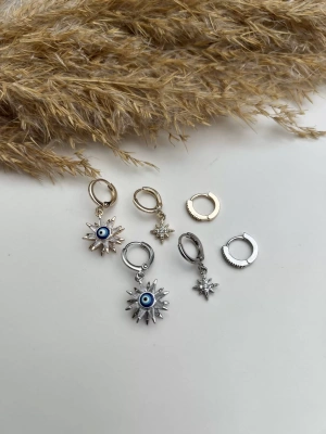 Zirkon Taşlı Nazar Boncuk Detaylı Üçlü Set Küpe