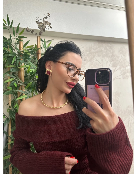 Vintage Kare İç Kısmı Mineli Tasarım Küpe
