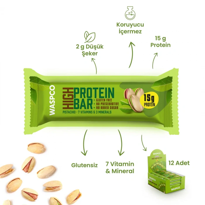 WASPCO Antep Fıstıklı Yüksek Protein Bar 50g x 30 Adet