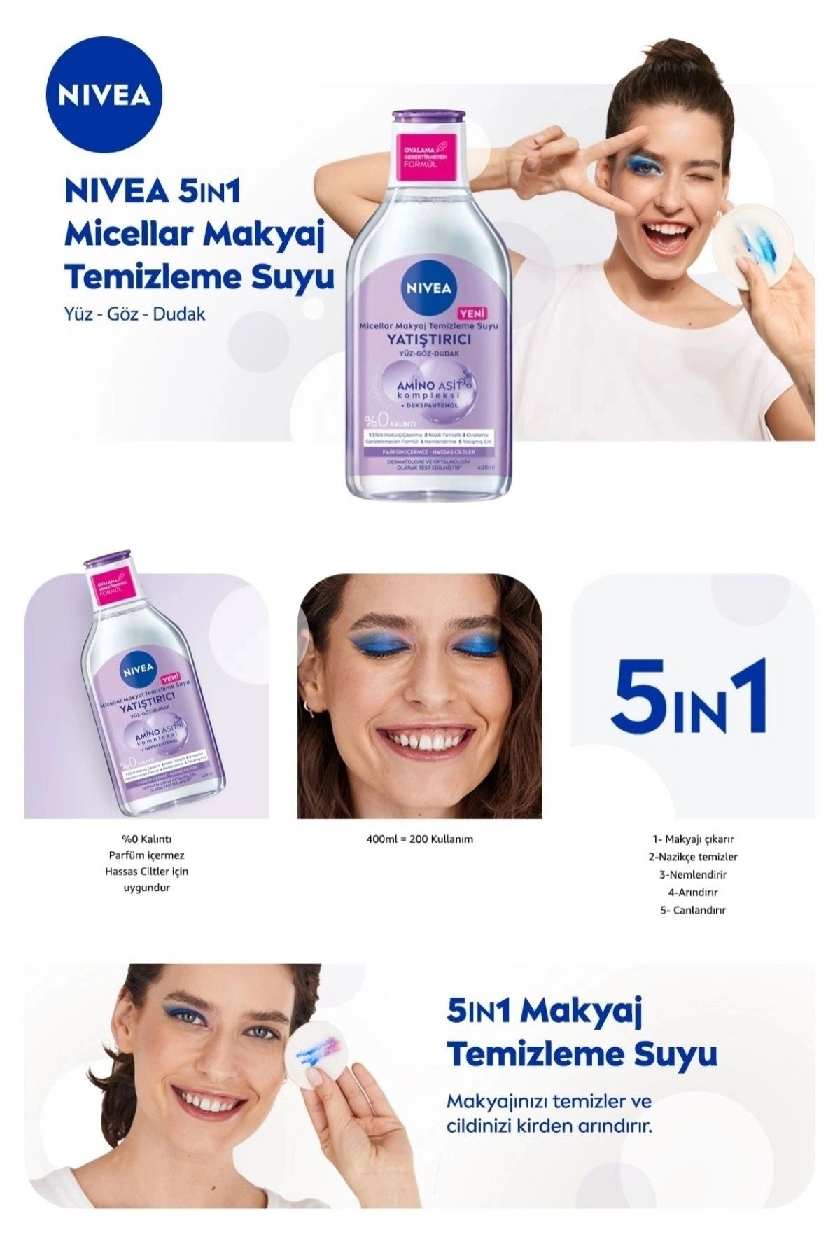NIVEA Micellar Makyaj Temizleme Suyu Yatıştırıcı Yüz,Göz ve Dudak için 400 ml