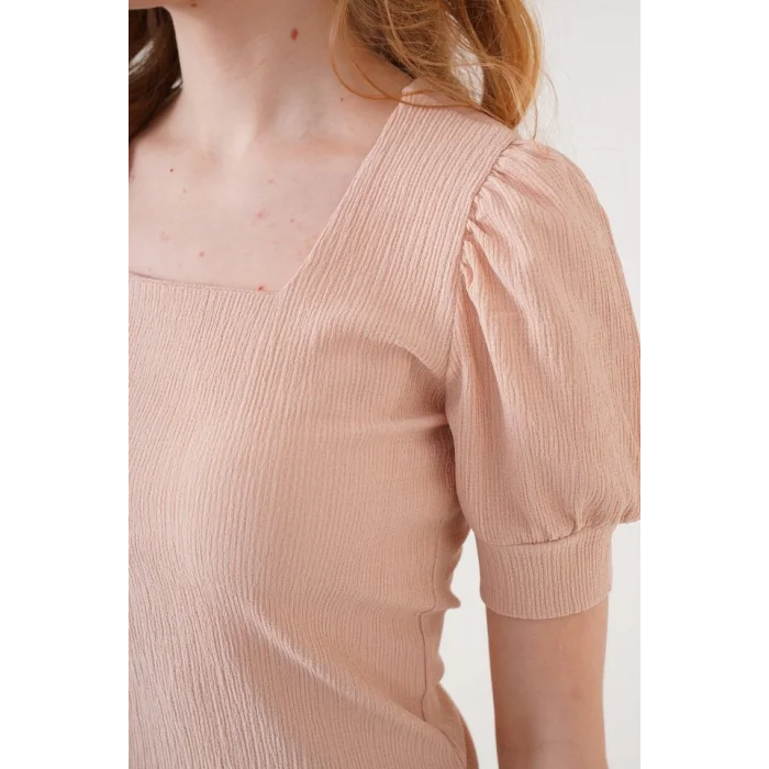 0409 Kare Yaka Örme Bluz - Bisküvi