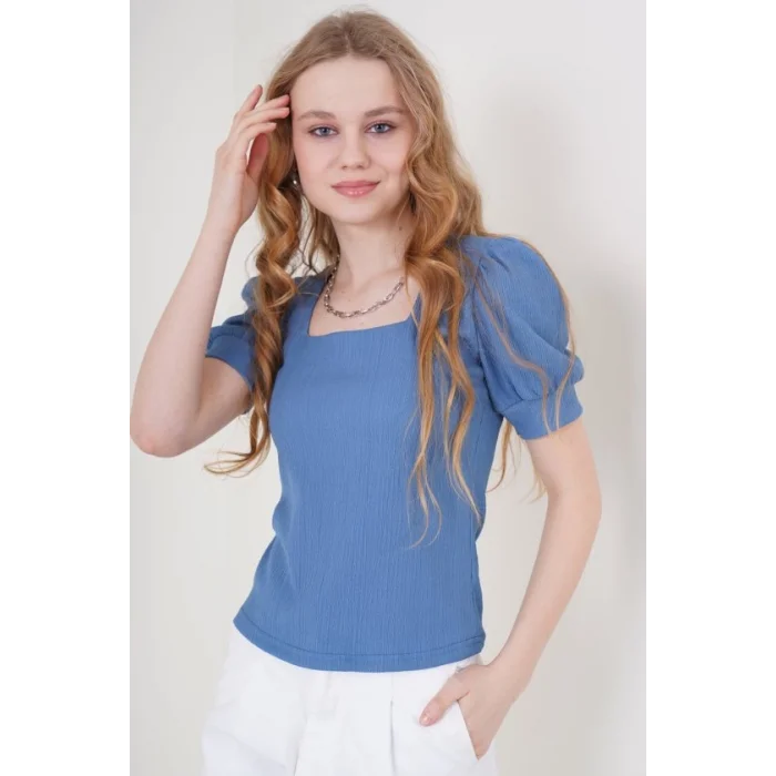 0409 Kare Yaka Örme Bluz - İndigo