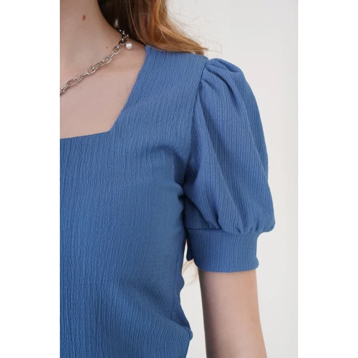 0409 Kare Yaka Örme Bluz - İndigo