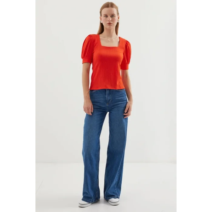 0409 Kare Yaka Örme Bluz - Oranje
