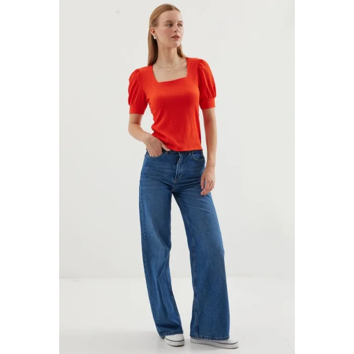 0409 Kare Yaka Örme Bluz - Oranje