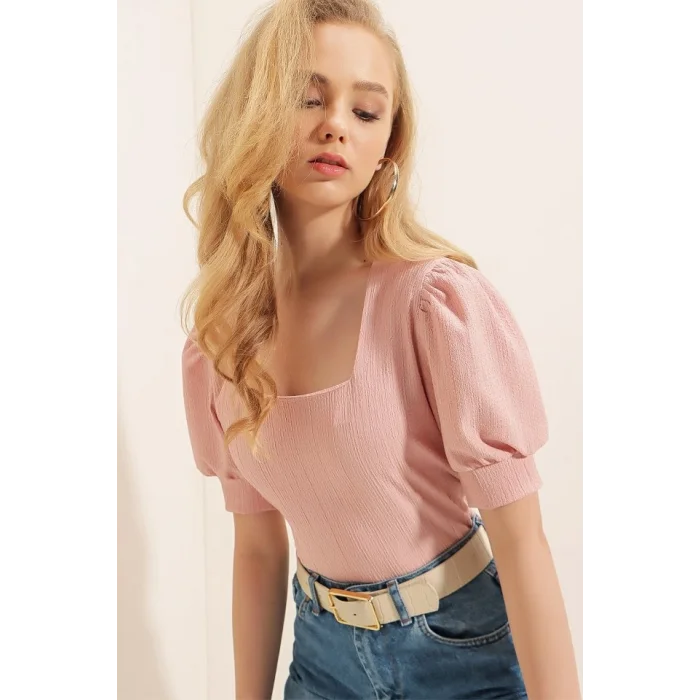 0409 Kare Yaka Örme Bluz - Pudra