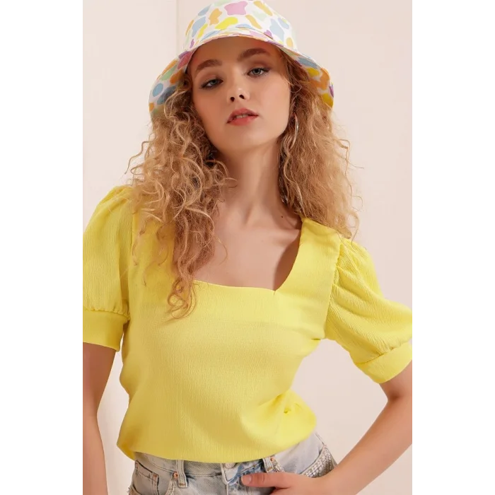 0409 Kare Yaka Örme Bluz - Sarı