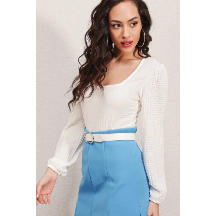 0442 Uzun Kollu Bluz - Beyaz