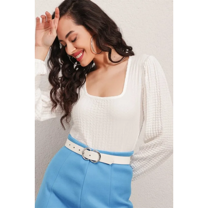 0442 Uzun Kollu Bluz - Beyaz