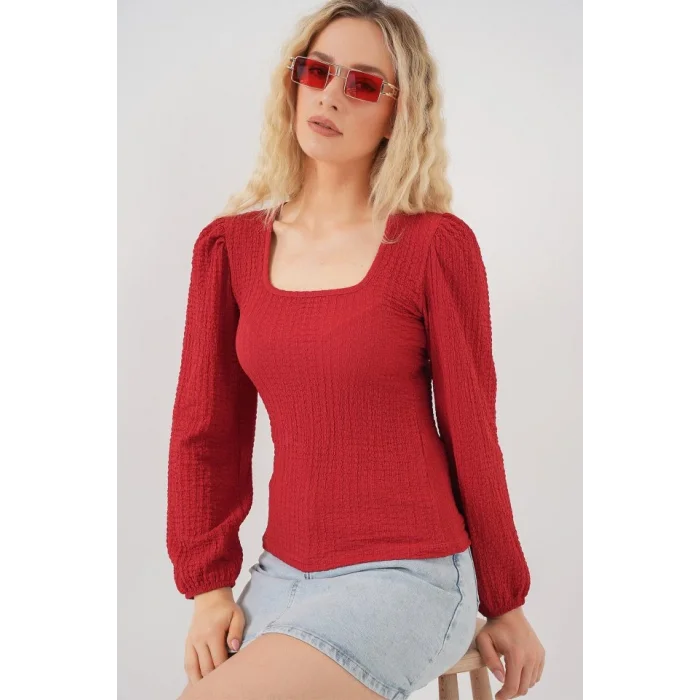 0442 Uzun Kollu Bluz - Kırmızı