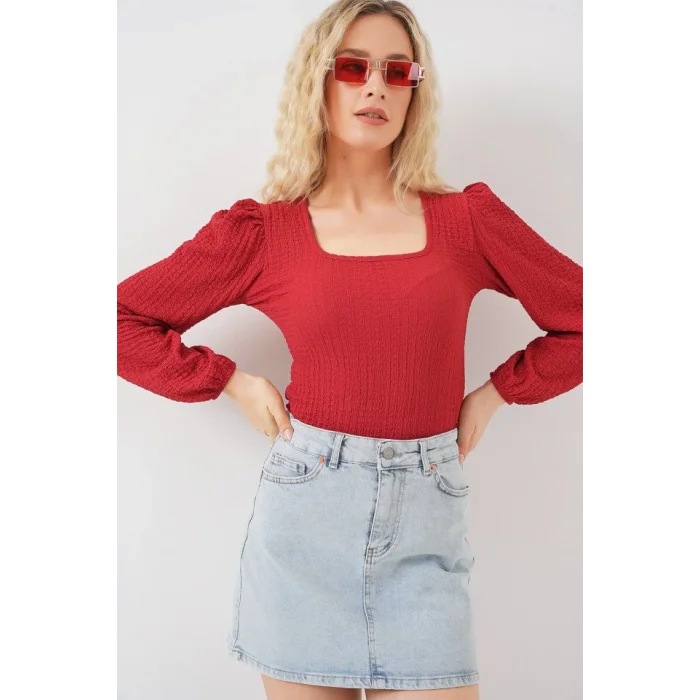 0442 Uzun Kollu Bluz - Kırmızı