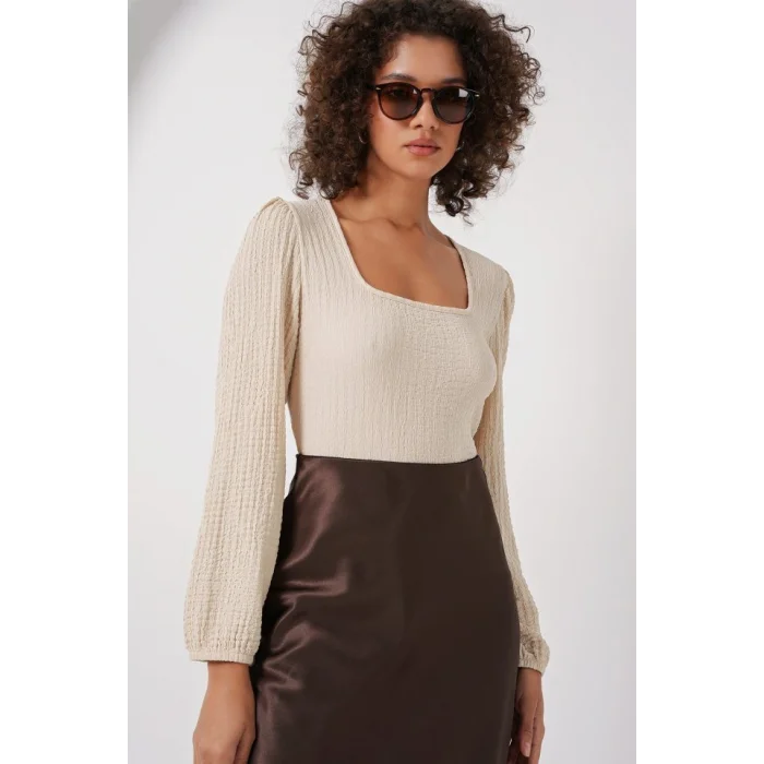 0442 Uzun Kollu Bluz - Krem