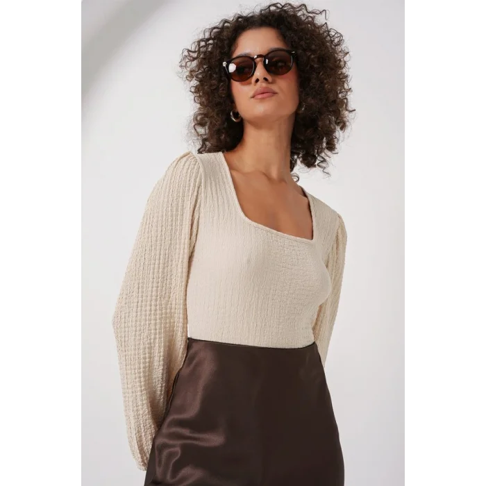 0442 Uzun Kollu Bluz - Krem