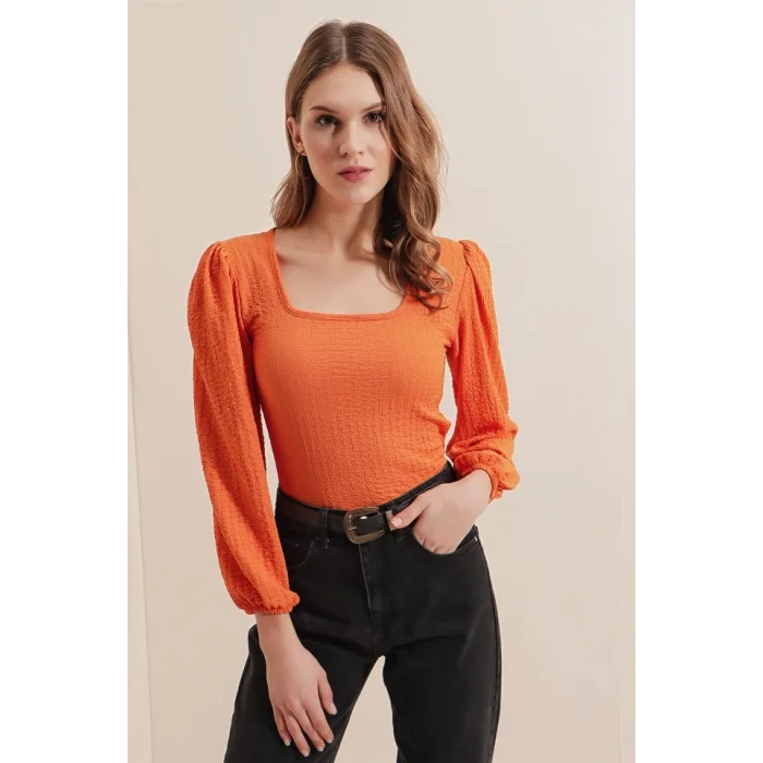 0442 Uzun Kollu Bluz - Turuncu