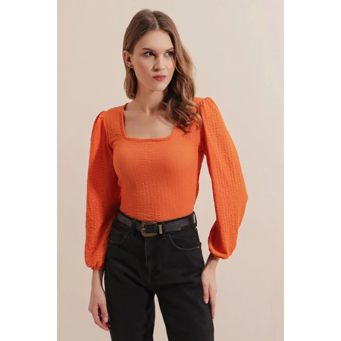 0442 Uzun Kollu Bluz - Turuncu