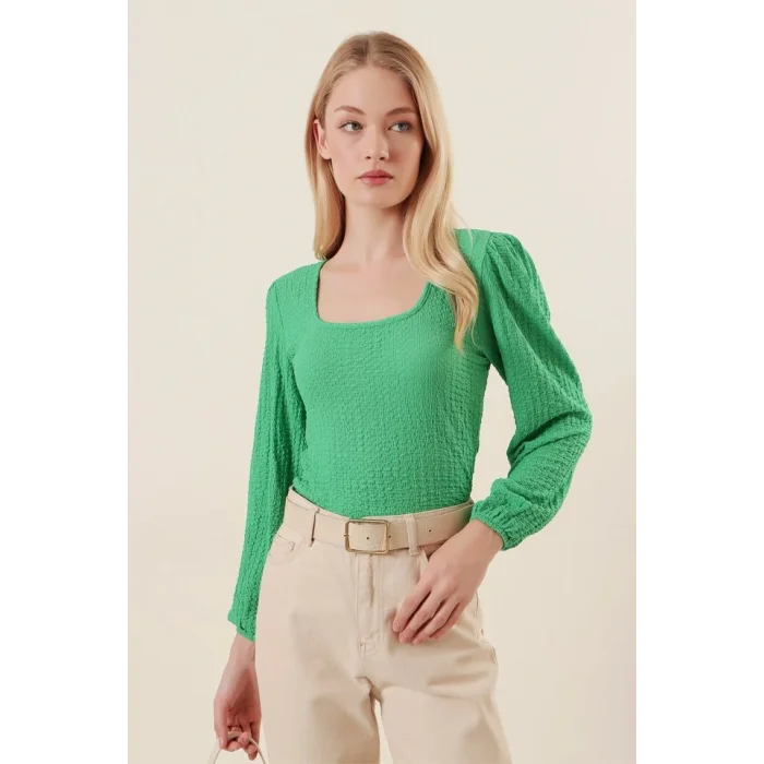 0442 Uzun Kollu Bluz - Yeşil