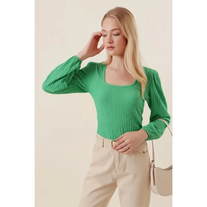 0442 Uzun Kollu Bluz - Yeşil