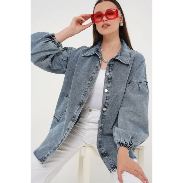 0662 Denim Balon Kollu Kot Ceket - Mavi