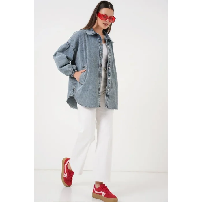 0662 Denim Balon Kollu Kot Ceket - Mavi