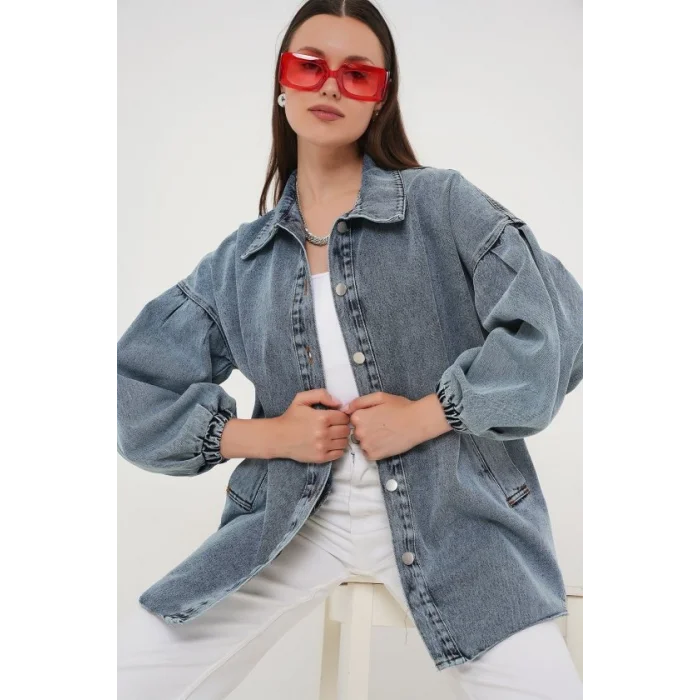 0662 Denim Balon Kollu Kot Ceket - Mavi
