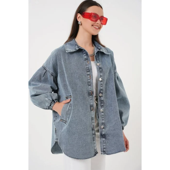 0662 Denim Balon Kollu Kot Ceket - Mavi