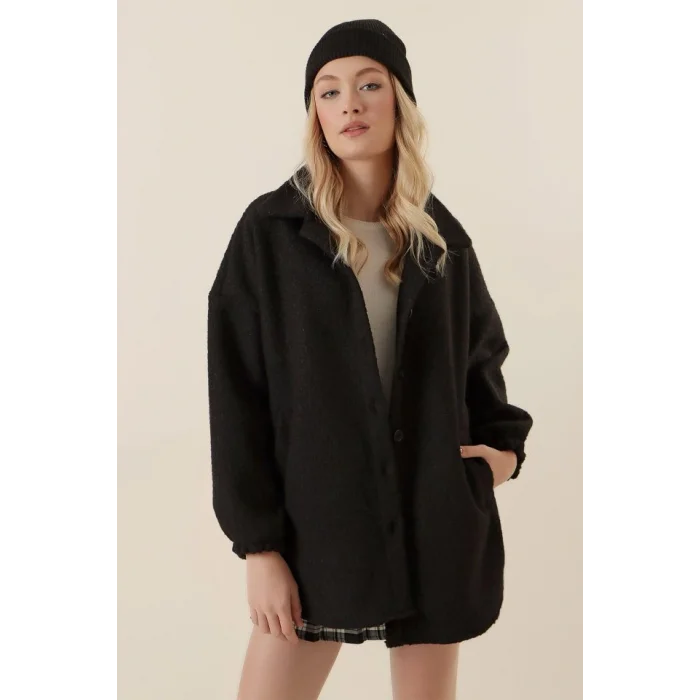 0675 Yün Karışımlı Buklet Ceket - Siyah