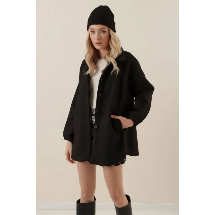 0675 Yün Karışımlı Buklet Ceket - Siyah