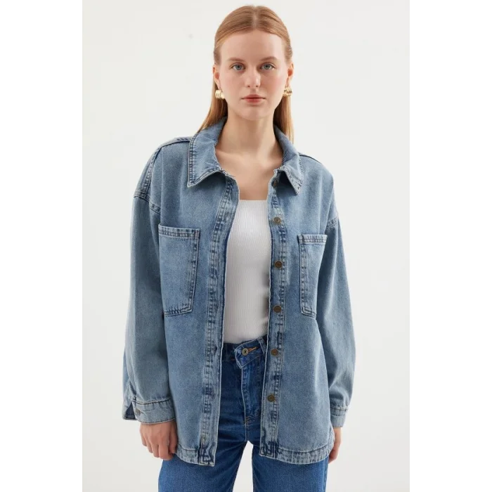 0694 Çift Cepli Oversize Denim Ceket - Buz Mavi