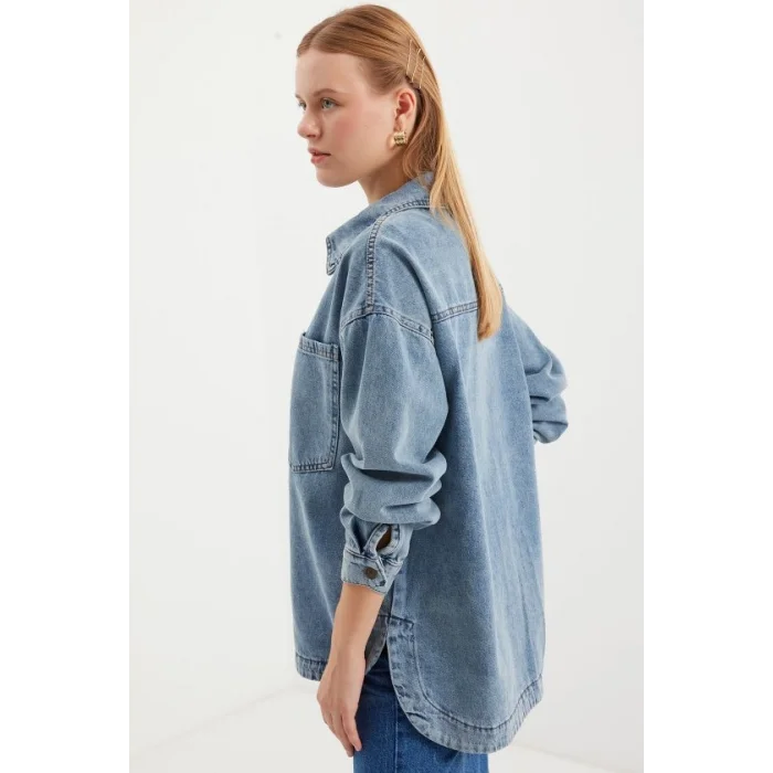 0694 Çift Cepli Oversize Denim Ceket - Buz Mavi