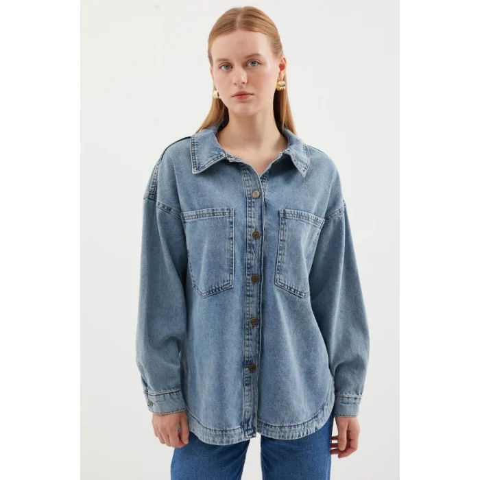 0694 Çift Cepli Oversize Denim Ceket - Buz Mavi